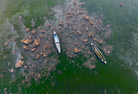 Aerial view of fishing boats on the river,Thailand.