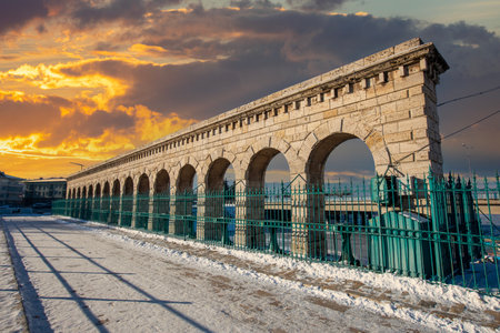 Old Roman aqueduct on the Neva River in St. Petersburg, Russia.の写真素材