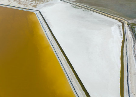 Salt evaporation ponds in the countryside, closeup of photoの写真素材