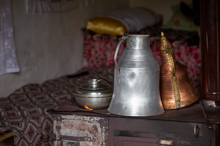 Antique coffee pot on the bedside table.の写真素材
