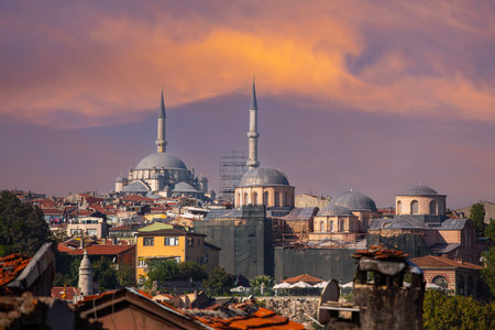 Panoramic view of the old town of Istanbul at sunset, Turkeyの写真素材