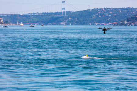 Kitesurfing in Bosphorus Strait, Istanbul, Turkey