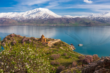 View of the lake Sevan, Armenia. Beautiful spring landscape.