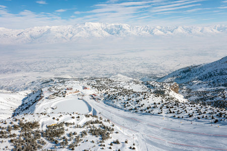 Aerial view of the ski resort in winter, Leh, Ladakh, India