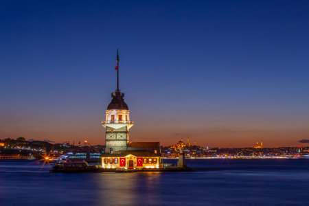 Maiden's Tower in Istanbul at night, Turkey. The Maiden's Tower is one of the symbols of Istanbul.