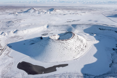 Aerial view of volcanic crater in winter, Iceland, Europe.