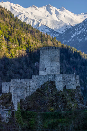 Ruins of medieval castle in the mountains, Svaneti, Georgiaの写真素材
