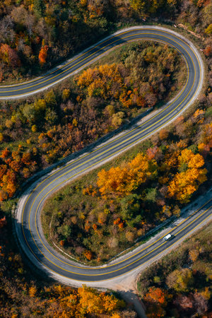 aerial view of inegol domanic road with beautiful autumn colors of nature, Kutahya, Turkey
