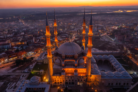 Aerial view of Suleymaniye Mosque at sunset, Istanbul, Turkeyの写真素材