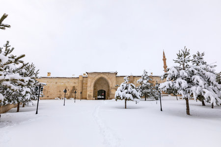 View of a historical building in Istanbul, Turkey during a snowfallの写真素材