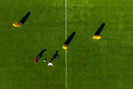 Top view of a group of soccer players on the green field.