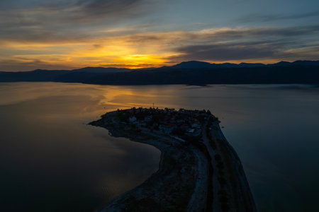 Aerial view of Kotor Bay in Montenegro at sunset.