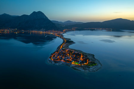 Aerial view of Boka Kotorska at sunset, Montenegroの写真素材