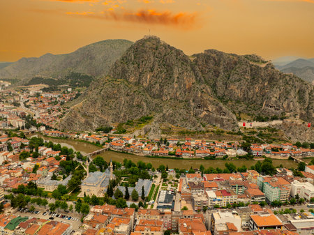 Aerial view of the city of Kotor at sunset, Montenegroの写真素材