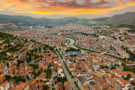 Fascinating view of the city of Amasya, also known as the city of princes. wonderful clouds coming out of the mountains. YESILIRMAK river.の写真素材
