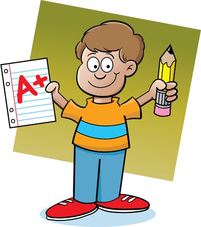 Cartoon illustration of a boy holding a paper and a pencilのイラスト素材