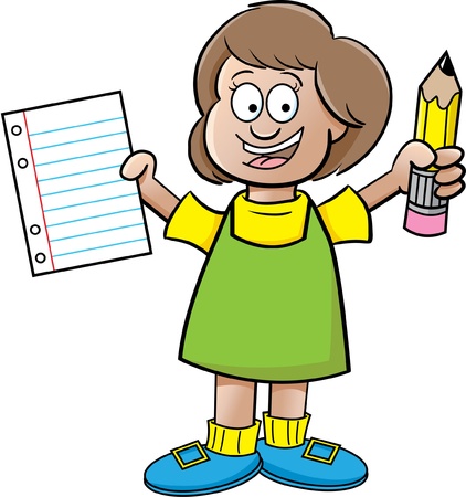 Cartoon illustration of a girl holding a paper and a pencil on a white backgroundのイラスト素材