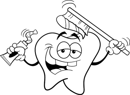 Black and white illustration of a tooth holding a toothbrushのイラスト素材