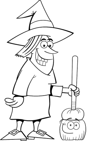 Black and white illustration of a witch with a broomのイラスト素材