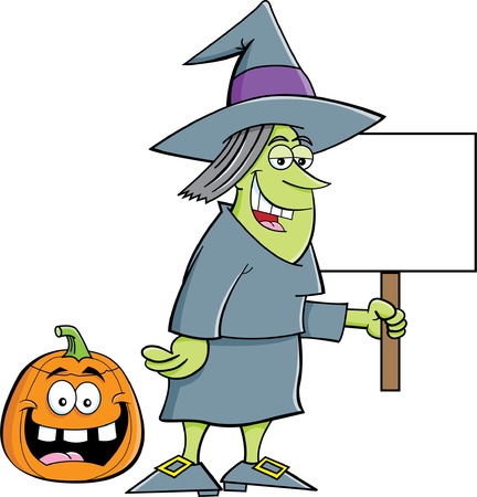 Cartoon illustration of a witch holding a signのイラスト素材