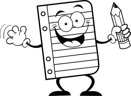 Black and white illustration of a notebook paper holding a pencilのイラスト素材