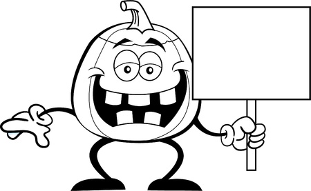 Black and white illustration of a pumpkin holding a signのイラスト素材
