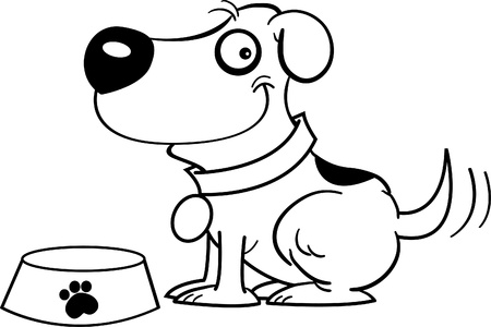 Black and white illustration of a dog with a dog dishのイラスト素材