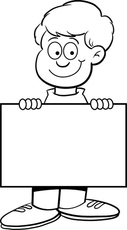 Black and white illustration of a boy holding a signのイラスト素材