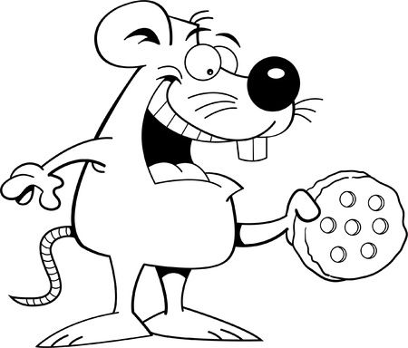 Black and white illustration of a mouse holding cheeseのイラスト素材