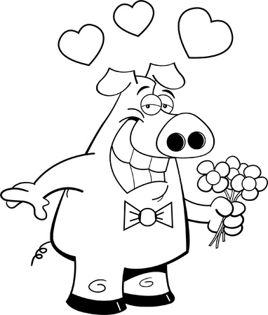 Black and white illustration of a pig holding flowersのイラスト素材