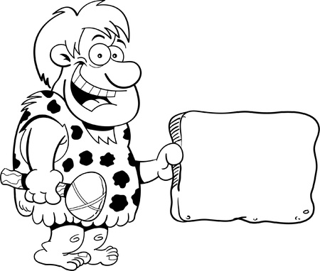 Black and white illustration of a caveman holding a signのイラスト素材
