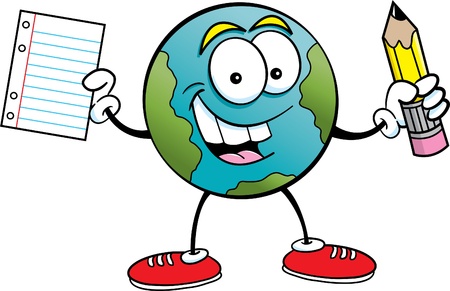 Cartoon illustration of the earth holding a pencil and paperのイラスト素材