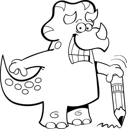Black and white illustration of a triceratops holding a pencilのイラスト素材