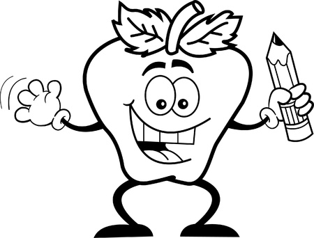 Black and white illustration of a apple holding a pencilのイラスト素材