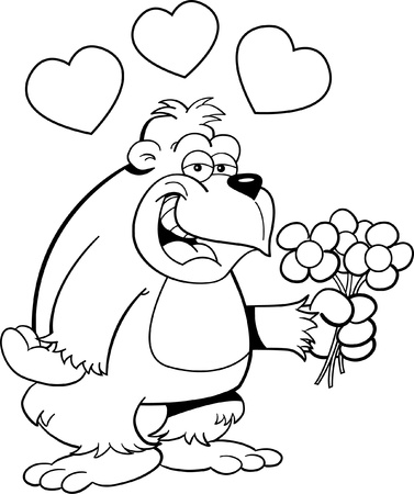 Black and white illustration of a gorilla holding flowersのイラスト素材