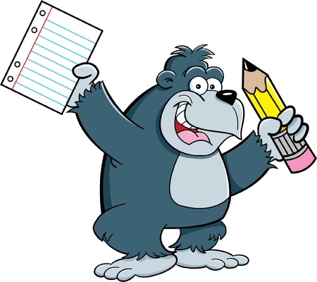 Cartoon illustration of a gorilla holding a pencil and paperのイラスト素材