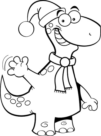 Black and white illustration of a brontosaurus wearing a Santa hatのイラスト素材
