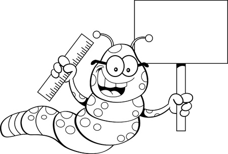 Black and white illustration of an inchworm holding a sign and a ruler のイラスト素材