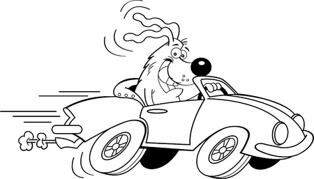 Black and white illustration of a dog driving a car のイラスト素材