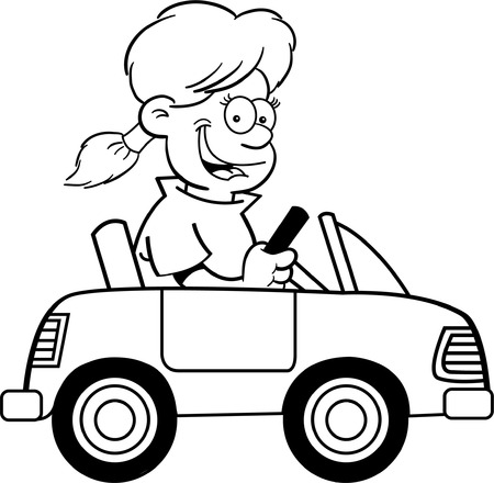 Black and white illustration of a girl driving a toy car のイラスト素材