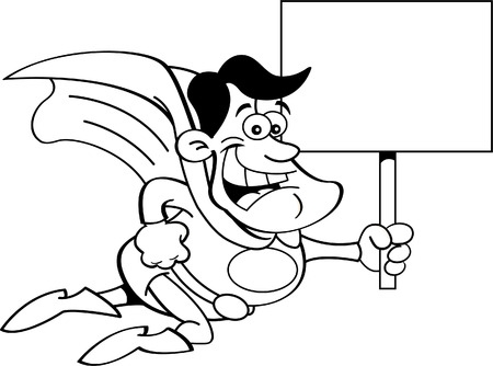 Black and white illustration of a flying superhero holding a sign のイラスト素材
