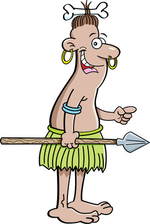 Cartoon illustration of a native holding a spear and pointing のイラスト素材