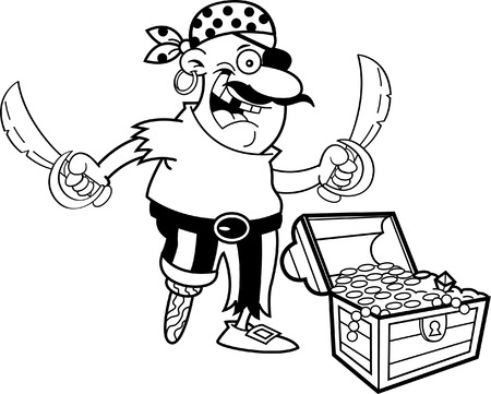 Black and white illustration of a pirate with a treasure chest.のイラスト素材