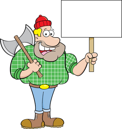 Cartoon illustration of a lumberjack holding a sign.のイラスト素材