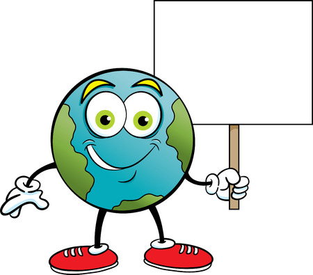 Cartoon illustration of the earth smiling while holding a sign.のイラスト素材