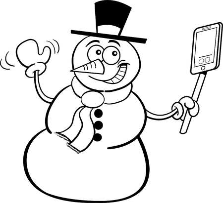 Black and white illustration of a smiling snowman holding a cell phone.のイラスト素材