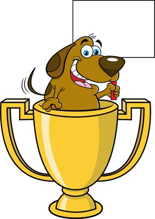 Cartoon illustration of a dog inside a trophy cup holding a sign.のイラスト素材