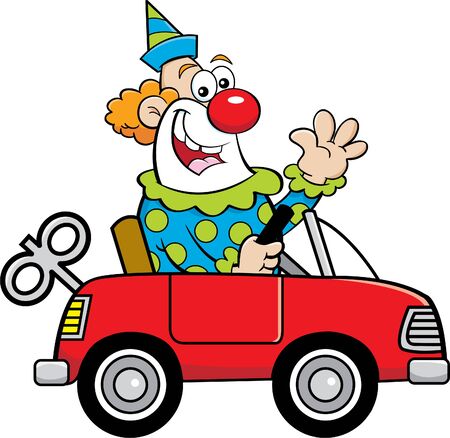 Cartoon illustration of a happy clown driving a toy car while waving.のイラスト素材