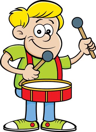 Cartoon illustration of a happy boy playing a drum.のイラスト素材