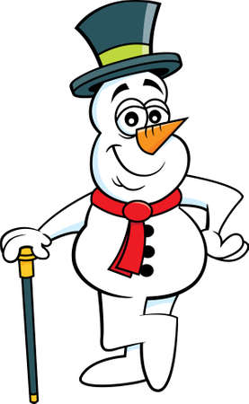 Cartoon illustration of a snowman in a top hat leaning on a cane.のイラスト素材